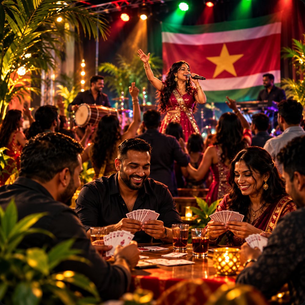 Feestavond met een zangeres op het podium, de Surinaamse vlag en troefcall aan tafel