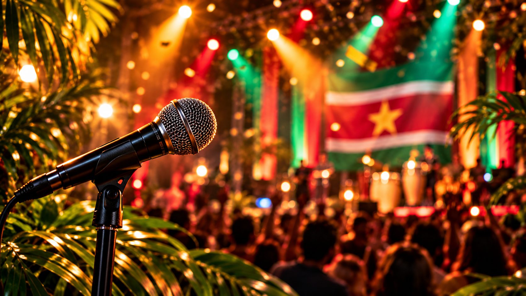 Microfoon voor een podium met de Surinaamse vlag